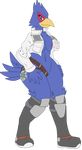  alpha_channel anthro avian beak belt bird blue_feathers boots breasts clothed clothing crossgender falco_lombardi feathers female footwear hands_on_hips looking_at_viewer nintendo partially_clothed pieismyfave simple_background solo star_fox transparent_background video_games wide_hips 