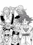  antennae armband bald beard beerus clenched_teeth dende dougi dragon_ball dragon_ball_z earrings egyptian_clothes facial_hair greyscale highres ink_(medium) jewelry kami-sama kibitoshin lee_(dragon_garou) long_hair male_focus mixed_media mohawk monochrome multiple_boys mustache muten_roushi open_mouth pointy_ears potara_earrings rou_kaioushin smile son_gokuu sunglasses super_saiyan super_saiyan_god sweat teeth toriyama_akira_(style) traditional_media trait_connection v walking_stick wristband 