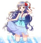  asari_nanami bare_shoulders blue_dress blue_eyes blue_hair blush bracelet commentary_request dress fish_hair_ornament flower hair_flower hair_ornament hair_rings idolmaster idolmaster_cinderella_girls jewelry korean_commentary long_hair looking_at_viewer open_mouth skirt_hold smile solo songmil standing wading water wet 