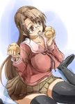  azumanga_daiou black_legwear breasts brown_eyes brown_hair cream_puff food glasses large_breasts mizuhara_koyomi school_uniform solo thighhighs yohane zettai_ryouiki 