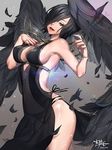  armpits artist_name bare_arms bare_shoulders black black_dress black_feathers black_hair black_panties black_wings breasts cleavage covered_navel cowboy_shot dress eple feathered_wings fingernails from_side green_eyes hair_over_one_eye head_tilt large_breasts long_fingernails looking_at_viewer nail_polish no_bra original panties parted_lips red_lips see-through shiny shiny_skin short_hair sideboob signature silver_nails solo standing underwear wings 