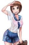  bra breasts brown_eyes brown_hair cleavage he_pu_pu highres kill_la_kill large_breasts mankanshoku_mako pink_bra salute school_uniform serafuku short_hair solo sweat underwear wet wet_clothes white_background 