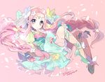  2016 aqua_skirt blue_eyes braid choker cure_felice edoya_pochi flower flower_in_eye full_body green_footwear green_ribbon hair_flower hair_ornament hanami_kotoha leg_ribbon long_hair looking_at_viewer magical_girl mahou_girls_precure! multicolored multicolored_eyes pink_background pink_eyes pink_hair precure ribbon shoes signature skirt smile solo symbol-shaped_pupils symbol_in_eye twin_braids twitter_username veil 