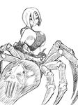  arachne breasts carapace claws extra_eyes from_behind fudan_no_ha greyscale hair_over_one_eye highres insect_girl large_breasts looking_back monochrome monster_girl monster_musume_no_iru_nichijou multiple_legs rachnera_arachnera short_hair sketch smile solo spider_girl 