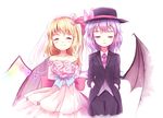  ^_^ asymmetrical_hair bare_shoulders bat_wings black_hat black_jacket black_pants blonde_hair blush bouquet bow buttons closed_eyes closed_mouth collarbone collared_shirt cowboy_shot demon_wings dress fedora flandre_scarlet flower hands_in_pockets hat hat_bow heart holding holding_flower jacket lavender_hair long_hair minust multiple_girls necktie pants pink_bow pink_flower pink_rose red_bow red_neckwear remilia_scarlet rose see-through shirt short_hair side_ponytail simple_background smile standing strapless strapless_dress touhou veil wedding_dress white_background white_dress white_shirt wing_collar wings 