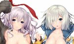  :o arm_up armpits black_shirt blush breasts cleavage closed_mouth collarbone eyes_visible_through_hair frilled_sleeves frills gloves hair_between_eyes hair_ornament hair_over_one_eye hairclip hamakaze_(kantai_collection) head_tilt kantai_collection kashima_(kantai_collection) large_breasts long_sleeves looking_at_viewer lying multiple_girls nironiro no_bra off_shoulder on_back open_clothes open_mouth open_shirt out-of-frame_censoring red_ribbon ribbon school_uniform serafuku shiny shiny_skin shirt short_hair short_sleeves short_twintails silver_hair simple_background sleeve_cuffs smile twintails undone_neckerchief untied wavy_mouth white_background white_gloves white_shirt 