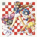  aqua_eyes boots braid card checkered checkered_background floating_hair gloves hat holding jaja_uma_quartet legs_apart looking_at_viewer multiple_girls noritaka_suzuki open_mouth pink_hair playing_card ponytail short_hair short_sleeves skirt thigh_boots thighhighs twin_braids white_gloves 