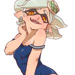  1girl alternate_costume bare_shoulders blush collarbone domino_mask earrings eyebrows fang food food_on_head hat honcha hotaru_(splatoon) jewelry looking_at_viewer mask mole mole_under_eye object_on_head one-piece_swimsuit one-piece_tan open_mouth pointy_ears school_swimsuit short_hair silver_hair simple_background solo splatoon_(series) splatoon_1 strap_slip swimsuit symbol-shaped_pupils tan tanline tentacle_hair tentacles thick_eyebrows white_background 
