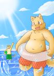  2011 anthro belly blush clothing duo eyes_closed feline humanoid_hands kota&acute; male mammal navel slightly_chubby swimsuit tiger water 