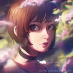  artist_name black_choker blurry bokeh brown_hair choker chromatic_aberration commentary depth_of_field flower guweiz ilya_kuvshinov_(style) lilac lips nose original photo-referenced short_hair solo watermark web_address 