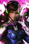  :3 ;) bodysuit brown_eyes brown_hair bunny closed_mouth d.va_(overwatch) facial_mark gun handgun headphones james_ghio looking_at_viewer one_eye_closed overwatch petals smile solo upper_body v-shaped_eyebrows weapon whisker_markings 