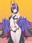  breasts eyebrows eyebrows_visible_through_hair fate/grand_order fate_(series) highres horns japanese_clothes kimono looking_at_viewer navel off_shoulder oni oni_horns open_clothes open_kimono purple_eyes purple_hair short_hair shuten_douji_(fate/grand_order) sideboob simple_background small_breasts smile solo utu_(ldnsft) 