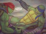  anthro arm_wraps assisted_exposure balls clothed clothing dialogue duo english_text erection eye_contact humanoid_penis incest leonardo_(tmnt) lying male male/male msobscure on_back open_mouth pants_pull partially_retracted_foreskin penis raphael_(tmnt) reptile scalie shell speech_bubble teenage_mutant_ninja_turtles text topless tumblr turtle uncut url wraps 