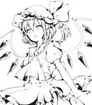  ascot bad_id bad_twitter_id bat_wings bow collar commentary_request crystal egret flandre_scarlet frilled_shirt_collar frilled_skirt frills greyscale hat hat_bow hat_ribbon highres mob_cap monochrome open_mouth puffy_short_sleeves puffy_sleeves ribbon short_sleeves side_ponytail skirt solo touhou wings 