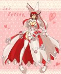  1girl ahoge arc_system_works artist_request blush breasts bridal_veil brown_hair character_name cleavage clover cosplay dress earrings elphelt_valentine elphelt_valentine_(cosplay) four-leaf_clover garter_straps genderswap_(mtf) gloves guilty_gear guilty_gear_xrd headband heart jewelry large_breasts long_sleeves looking_at_viewer parted_lips red_eyes ribbon shiny shiny_hair shiny_skin short_hair sol_badguy solo spikes thighhighs veil wedding_dress white_dress 