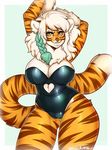  &lt;3 2016 amber_eyes anthro arms_above_head big_breasts breasts brown_fur cleavage clothed clothing feline female fur green_hair hair long_hair looking_at_viewer mammal pink_nose smile solo standing stripes thick_thighs tiger tight_clothing voluptuous white_fur white_hair wide_hips xenthyl yellow_fur 