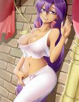  against_wall alternate_costume areola_slip areolae blue_eyes breasts bursting_breasts cleavage collarbone crop_top dark_skin hair_between_eyes hand_in_pants large_breasts legs long_hair looking_at_viewer materclaws midriff navel no_bra pajamas pants parted_lips pointy_ears purple_hair see-through shantae_(character) shantae_(series) skindentation solo stomach thighs very_long_hair white_pants 