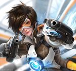  aiming_at_viewer brown_hair dual_wielding goggles gun handgun holding looking_at_viewer overwatch ridwan_chandra_choa short_hair smile solo tracer_(overwatch) upper_body weapon 