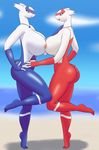  2016 absurd_res anthro anthrofied areola beach big_breasts blue_eyes blue_skin breast_squish breasts butt cloud crossgender day deadpliss_(artist) duo female female/female hand_on_hip hi_res huge_breasts jewelry latias latios legendary_pok&eacute;mon necklace nintendo nude open_mouth outside pok&eacute;mon pok&eacute;morph raised_leg red_eyes red_skin sand seaside sky smile tongue video_games water white_skin 