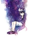  androgynous black_hair expressionless frilled_hat frills hat hood hooded_jacket hoodie jacket len'en necktie purple_eyes shitodo_kuroji short_hair shorts solo triangular_headpiece yamanoskk 