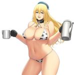  animal_print atago_(kantai_collection) beret blonde_hair breasts cow_print cowboy_shot cup gloves green_eyes hat highres kantai_collection large_breasts long_hair lvl_(sentrythe2310) navel pitcher smile solo standing 