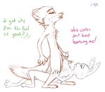  2016 anthro bb canine cum dialogue disney duo english_text erection female fox fur grey_fur judy_hopps lagomorph male mammal nick_wilde nude penis rabbit simple_background text white_background zootopia 