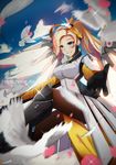  blonde_hair blue_eyes breasts engrish high_ponytail highres kowaremashita large_breasts long_hair looking_at_viewer mechanical_halo mechanical_wings mercy_(overwatch) overwatch pantyhose ranguage smile solo typo wings 