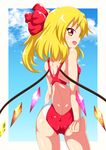  adjusting_clothes adjusting_swimsuit ass blonde_hair competition_swimsuit flandre_scarlet from_behind kagayama_hajime looking_back one-piece_swimsuit red_eyes red_swimsuit short_hair side_ponytail solo swimsuit touhou wings 
