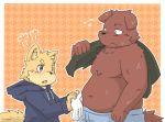  2011 anthro belly blush canine clothing dog duo hoodie humanoid_hands kota&acute; male mammal moobs navel overweight overweight_male shorts simple_background sweat 