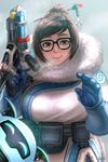  beads braid breasts brown_eyes brown_hair glasses gloves goggles gun hair_bun hair_ornament hair_stick large_breasts looking_at_viewer mei_(overwatch) overwatch sgk smile solo weapon 