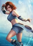  artist_name bangs blue_shorts breasts brown_hair closed_mouth dated day deviantart_username elbow_gloves eyebrows eyelashes fingerless_gloves from_side gloves kazama_asuka large_breasts lips looking_at_viewer midriff nose ocean parted_bangs realistic short_hair shorts smile solo splashing sports_bra standing tekken water watermark ynorka_chiu 