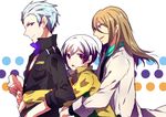  blue_hair brown_hair hug hug_from_behind idolmaster idolmaster_side-m kitamura_sora koron_chris kuzunoha_amehiko labcoat legenders long_hair male_focus multicolored_hair multiple_boys nemurakko two-tone_hair 