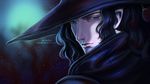  artist_name ayya_saparniyazova black_eyes black_hair coat d_(vampire_hunter_d) face from_behind frown hat highres light_particles long_hair looking_back male_focus signature solo vampire_hunter_d watermark web_address witch_hat 