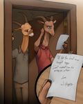  2016 4_fingers antelope anthro antlers brown_eyes bucky_oryx-antlerson clothed clothing cursive disney duo english_text fully_clothed green_eyes horn ipoke kudu letter male mammal note oryx pronk_oryx-antlerson suggestive text zootopia 