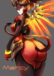  alternate_costume ass bodysuit boots breasts brown_hair character_name covered_nipples cowboy_shot dark_persona demon_horns demon_tail devil_mercy facial_mark faulds forehead_mark gloves glowing glowing_wings grey_background hand_on_own_chest horns huge_ass mechanical_wings medium_breasts mercy_(overwatch) overwatch ponytail red_eyes red_wings sevenann short_hair solo tail thigh_boots thighhighs wings 