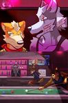  anthro bar blood blush canine clothing date duo eyes_closed fox fox_mccloud fur grey_fur male male/male mammal nintendo orange_fur pool_table scar scratch shirt star_fox tank_top ventkazemaru video_games wolf wolf_o&#039;donnell 