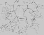  2016 anthro canine chair clothed clothing disney fox ipoke judy_hopps lagomorph mammal monochrome nick_wilde office police_uniform rabbit sitting sketch smile uniform zootopia 