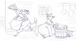  anthro belly big_belly big_thighs breasts claws clothing dishes ear_piercing female food hoodah horn kobold monochrome morbidly_obese non-mammal_breasts obese overweight piercing simple_background stuffing toe_claws 