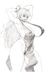  1girl arm_up bonten breasts cleavage curvy dress elegant_dress erect_nipples full_body grin highres huge_breasts looking_at_viewer monochrome nami_(one_piece) one_piece smile solo wide_hips 