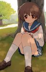  bangs blue_skirt brown_eyes brown_hair eyebrows eyebrows_visible_through_hair grass kiyosumi_school_uniform kneehighs looking_at_viewer miyanaga_saki neckerchief red_neckwear saki school_uniform serafuku shisoneri short_hair sitting skirt smile solo tree white_legwear 