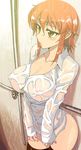  black_legwear blush breasts cleavage covered_nipples kusanagi_tonbo large_breasts mitsuru-kun(kusanagi_tonbo) naked_shirt orange_hair original shirt short_hair showering sleeves_past_wrists solo thighhighs wet wet_clothes yellow_eyes 