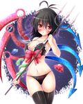  :o asymmetrical_wings black_bra black_hair black_legwear black_panties blush bow bra breasts collarbone cowboy_shot frilled_bra frills hair_between_eyes highres holding holding_weapon houjuu_nue large_breasts looking_at_viewer osashin_(osada) panties polearm red_bow red_eyes shiny shiny_clothes shiny_skin snake solo standing thighhighs touhou trident ufo underwear underwear_only weapon wings 