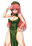 ;d bare_hips bare_legs bare_shoulders beret braid breasts china_dress chinese_clothes cleavage cleavage_cutout curvy dress green_eyes hand_on_hip hat highres hips hong_meiling large_breasts long_hair n_(dai_n_honpo) no_panties one_eye_closed open_mouth pelvic_curtain red_hair sleeveless smile solo thick_thighs thighs touhou twin_braids v very_long_hair 