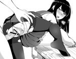  1girl :d absurdres anus ass_grab bar_censor bent_over blush censored chair from_behind grabbing_another's_ass greyscale groping hetero highres kyuuso_inukami leg_up lifted_by_self long_hair long_sleeves looking_back mole mole_under_eye monochrome motion_lines open_mouth original panties panties_aside pantyhose penis pleated_skirt pubic_hair pussy school_uniform serafuku sex skirt skirt_lift smile soles solo_focus spread_legs table torn_clothes torn_legwear underwear upskirt vaginal veins veiny_penis 