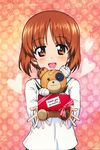  boko_(girls_und_panzer) brown_eyes brown_hair gift girls_und_panzer highres nishizumi_miho official_art ooarai_school_uniform patterned_background school_uniform serafuku short_hair solo stuffed_animal stuffed_toy teddy_bear 