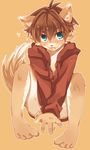  &lt;3 anthro blue_eyes blush bottomless clothed clothing convenient_censorship cub cute hoodie looking_at_viewer male mammal pose simple_background sitting solo spread_legs spreading tongue tongue_out young サイギ 