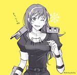  ashigara_(kantai_collection) bangs commentary_request dress fang gloves greyscale hairband high_collar kantai_collection long_hair looking_at_viewer monochrome one_eye_closed open_mouth sketch smile solo star suetake_(kinrui) translated turret twitter_username yellow_background 
