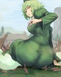  ass colorized destruction dress from_behind ghost_tail giantess green_dress green_eyes green_hair hat long_sleeves looking_back mononobe_no_futo multiple_girls open_mouth puffy_sleeves short_hair sitting sitting_on_person soga_no_tojiko sweatdrop tate_eboshi touhou toyosatomimi_no_miko utopia white_background wide_sleeves 