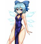  alternate_costume bare_shoulders blue_eyes blue_hair bow china_dress chinese_clothes cirno cleavage_cutout dress hair_bow hips ice ice_wings n_(dai_n_honpo) no_panties pelvic_curtain sleeveless solo thighs touhou wings 
