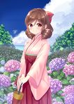  absurdres blue_sky blush bow brown_hair closed_umbrella cloud day drill_hair field flower flower_field hair_bow hakama harukaze_(kantai_collection) highres hio_(hiohio0306) hydrangea japanese_clothes jewelry kantai_collection kimono looking_at_viewer meiji_schoolgirl_uniform oriental_umbrella outdoors pink_kimono red_bow red_eyes red_hakama ring sky smile solo twin_drills umbrella v_arms water_drop wedding_band 